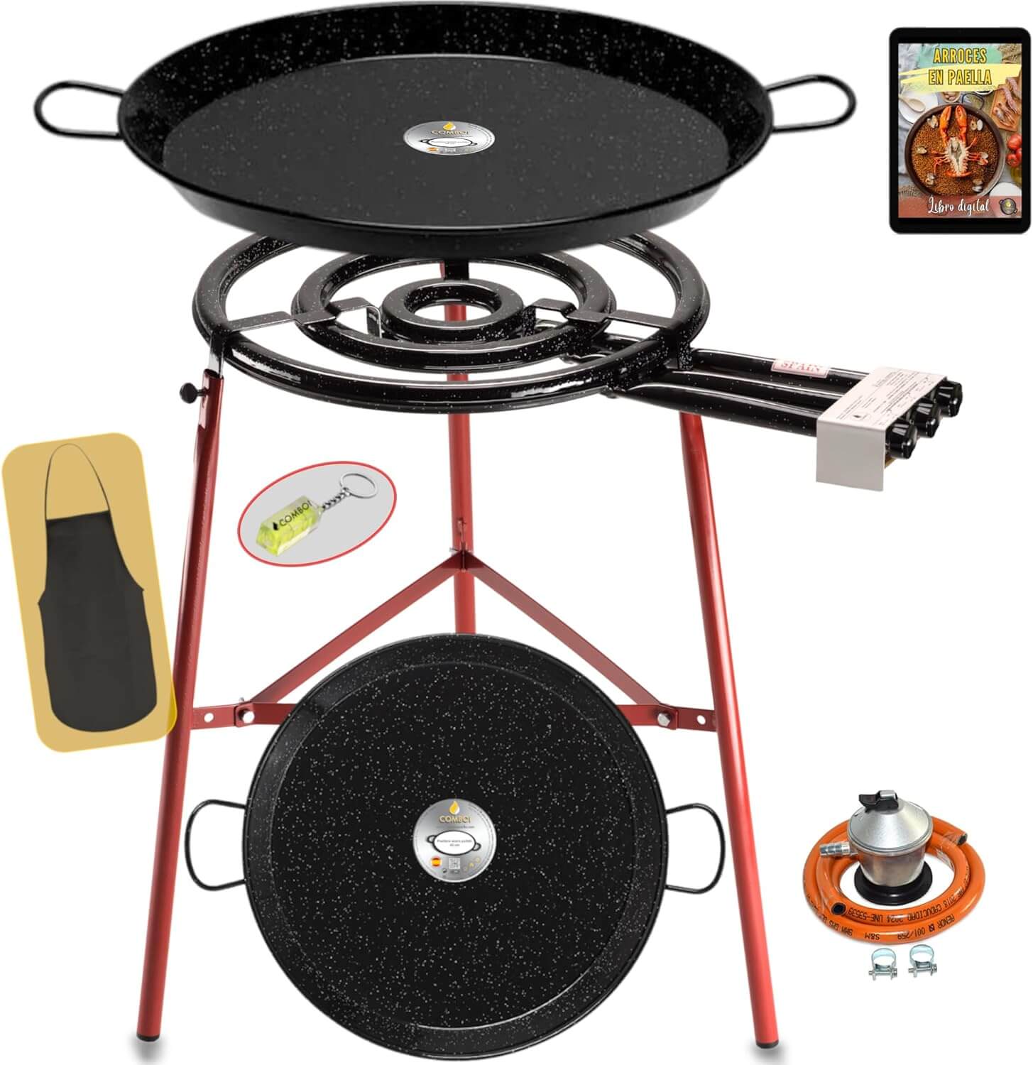 COMBOI Paellero gas butano Kit Profesional, Quemador plano 53 cm, Paelleras Esmaltadas 70 y 42 cm, Regulador,Manguera,Patas Reforzadas,Nivel,Delantal,Libro Recetas Digital(Kit Paellero Pro-E 53 cm)